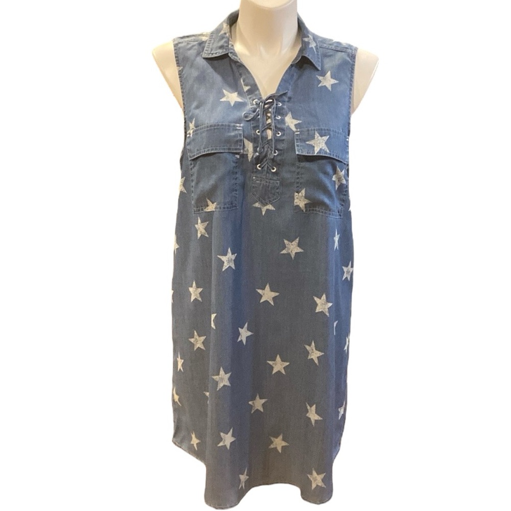 SO Sleeveless Blue With Stenciled Star Chambray Feel Casual Summer Dress XL